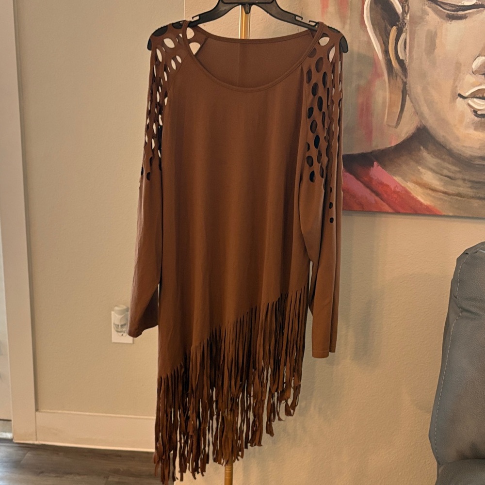 Brown Fringe Long Sleeve Blouse